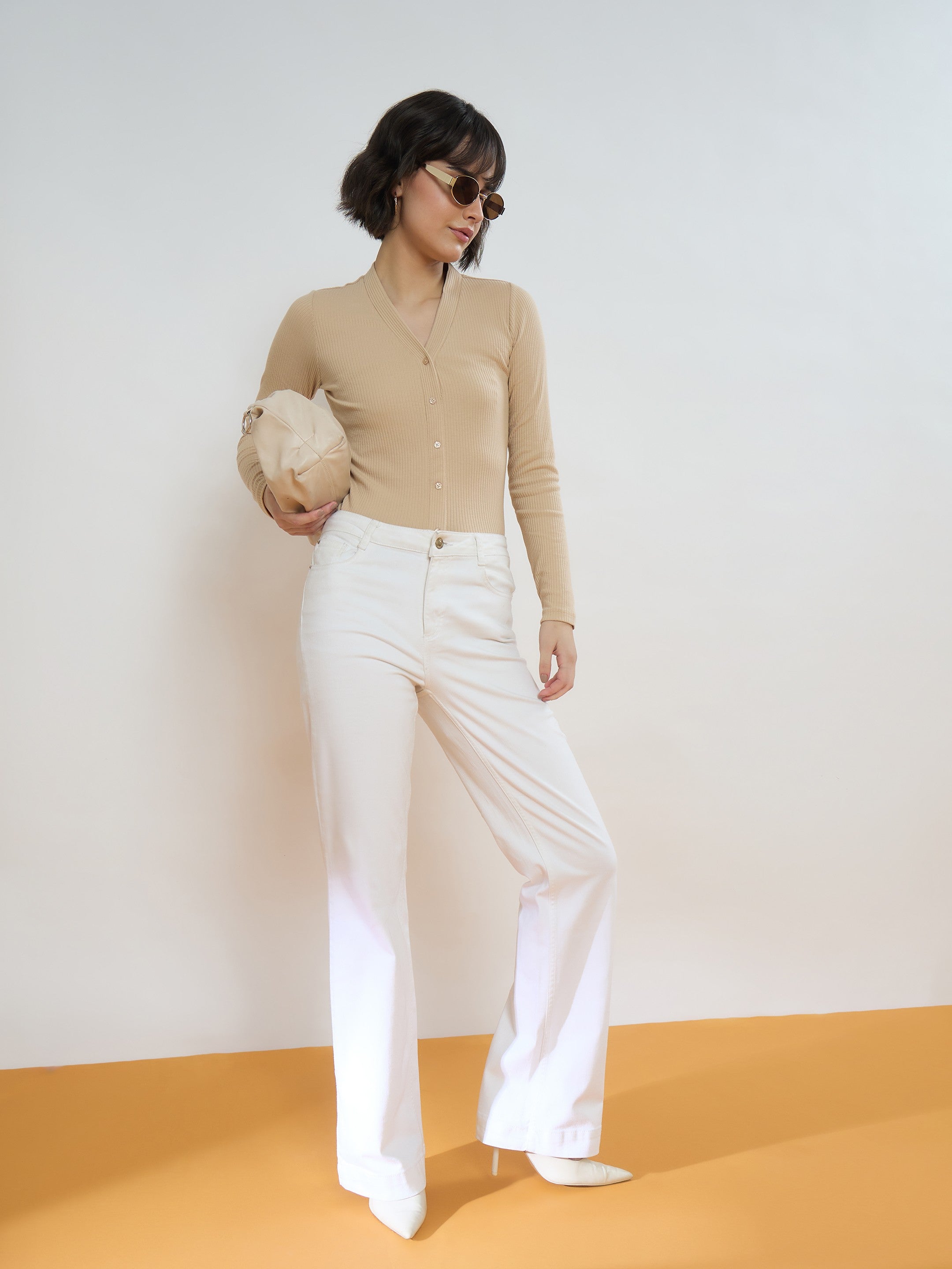 Women Beige Rib Front Open Cardigan Top