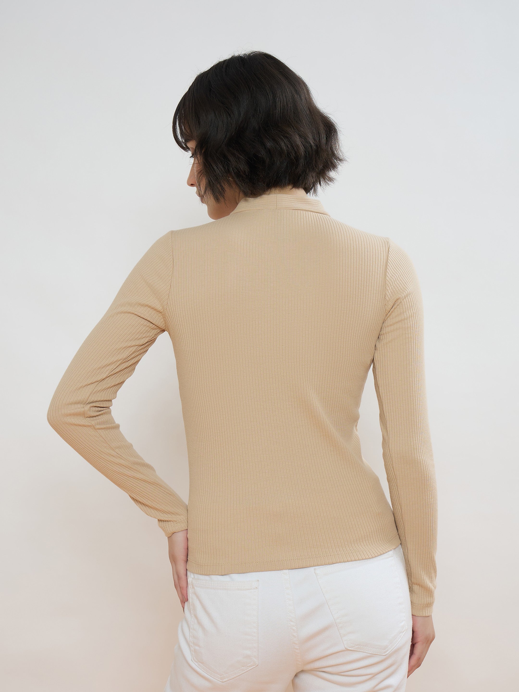 Women Beige Rib Front Open Cardigan Top