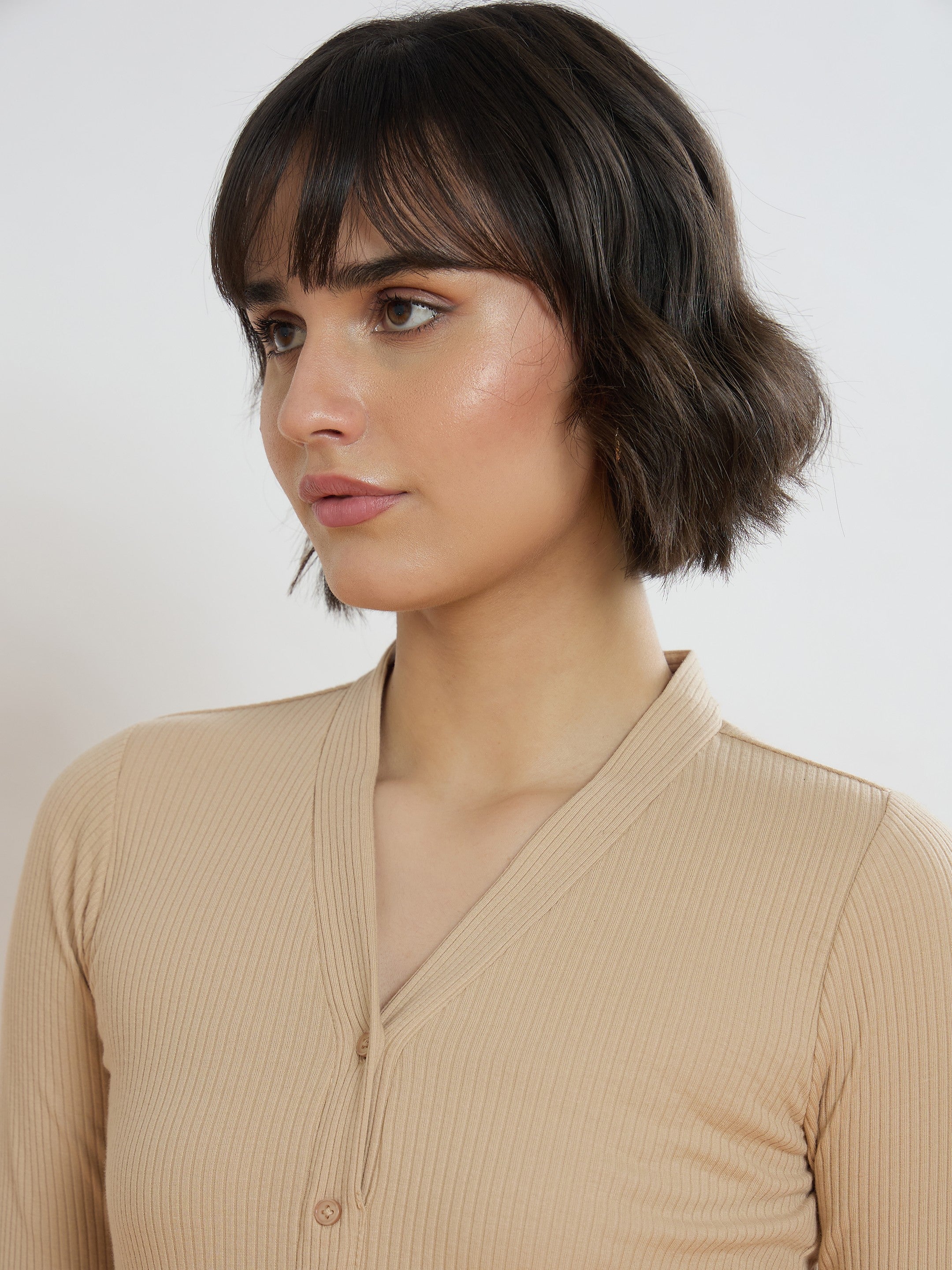 Women Beige Rib Front Open Cardigan Top