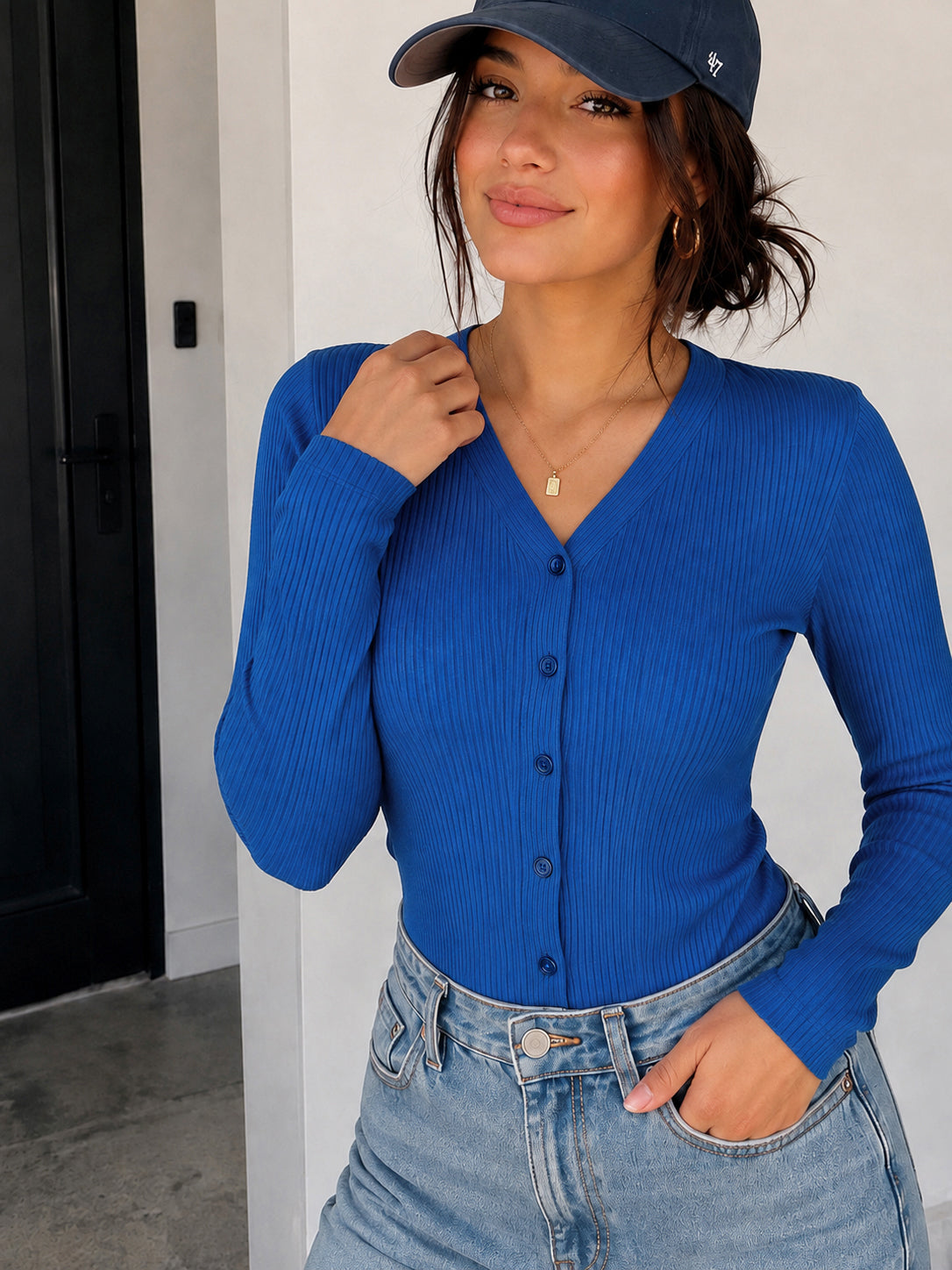 Women Royal Blue Rib Front Open Cardigan Top