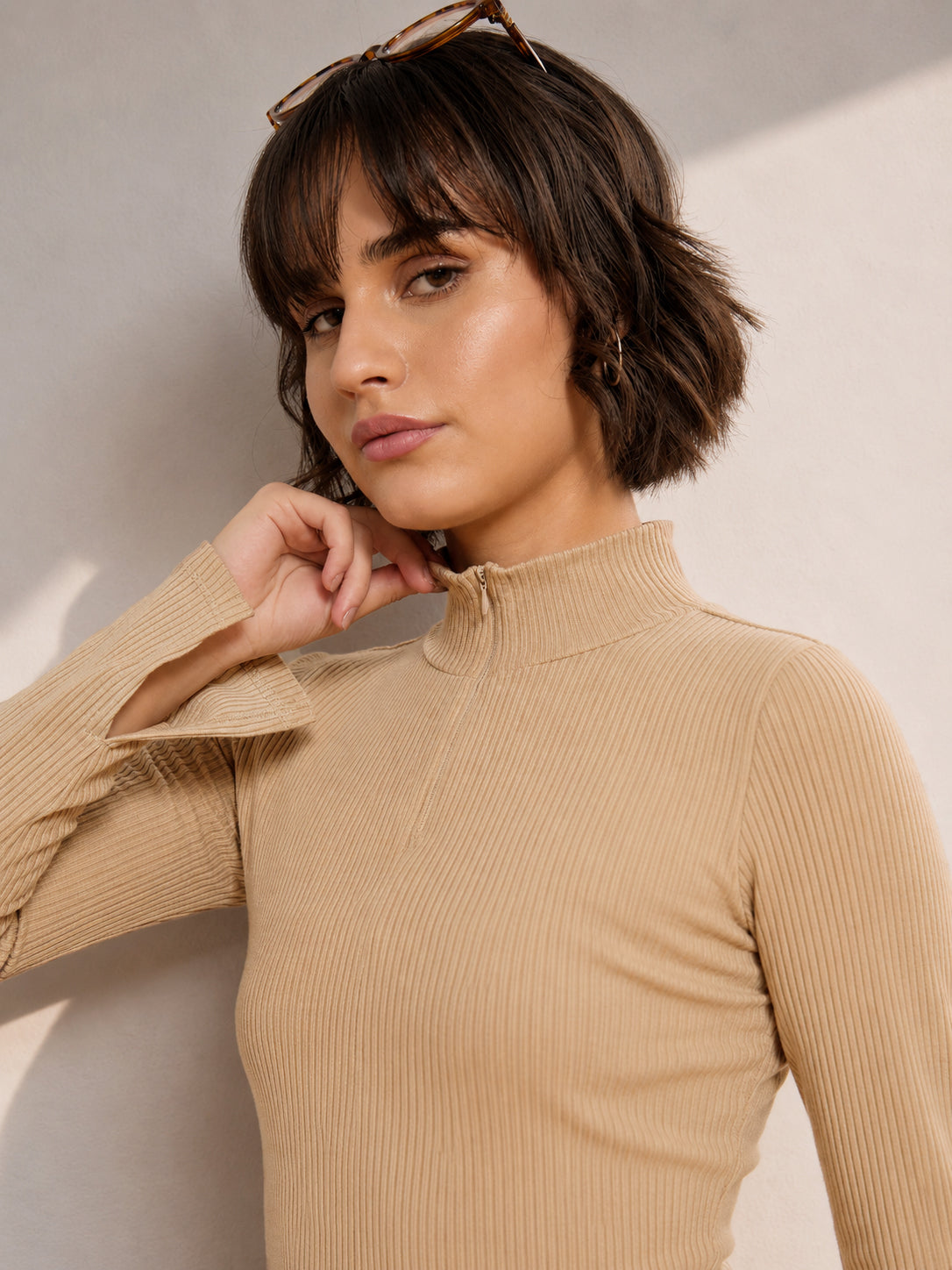 Women Beige Rib High Neck Front Zipper Top