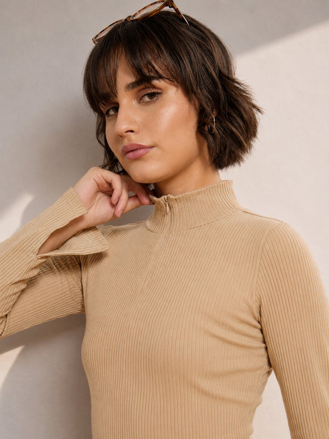 Women Beige Rib High Neck Front Zipper Top
