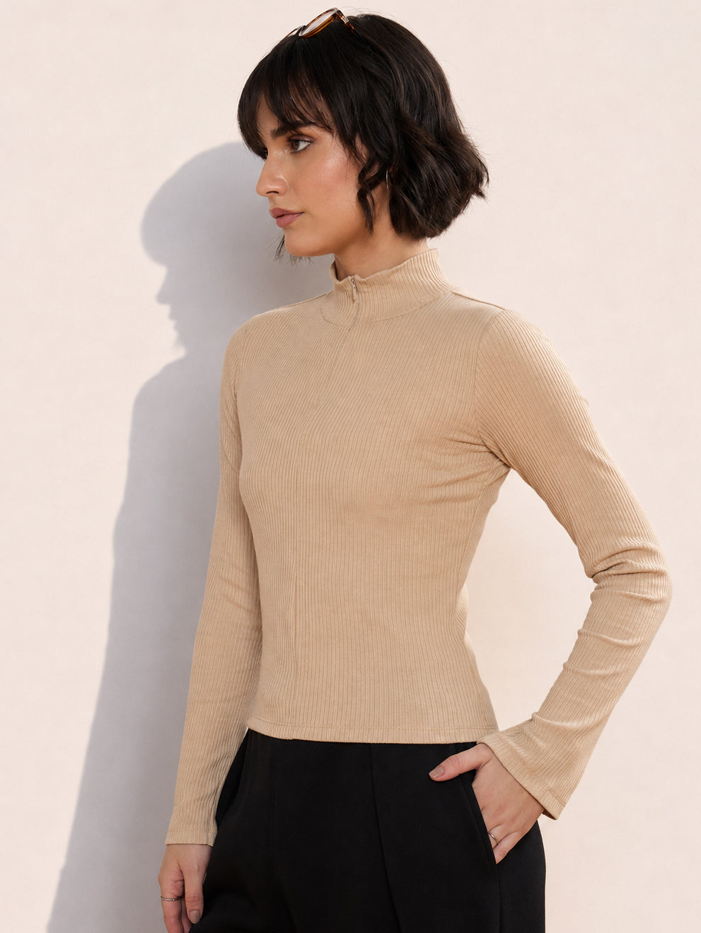 Women Beige Rib High Neck Front Zipper Top