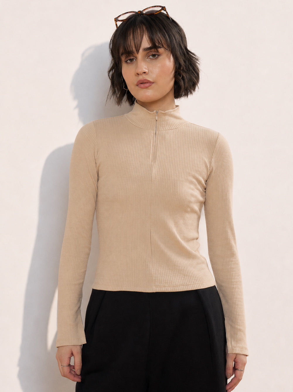 Women Beige Rib High Neck Front Zipper Top