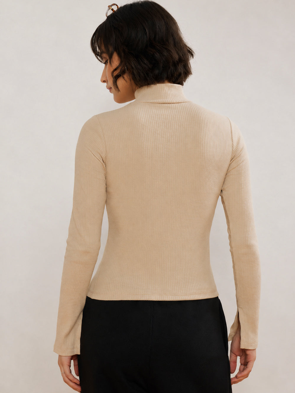 Women Beige Rib High Neck Front Zipper Top