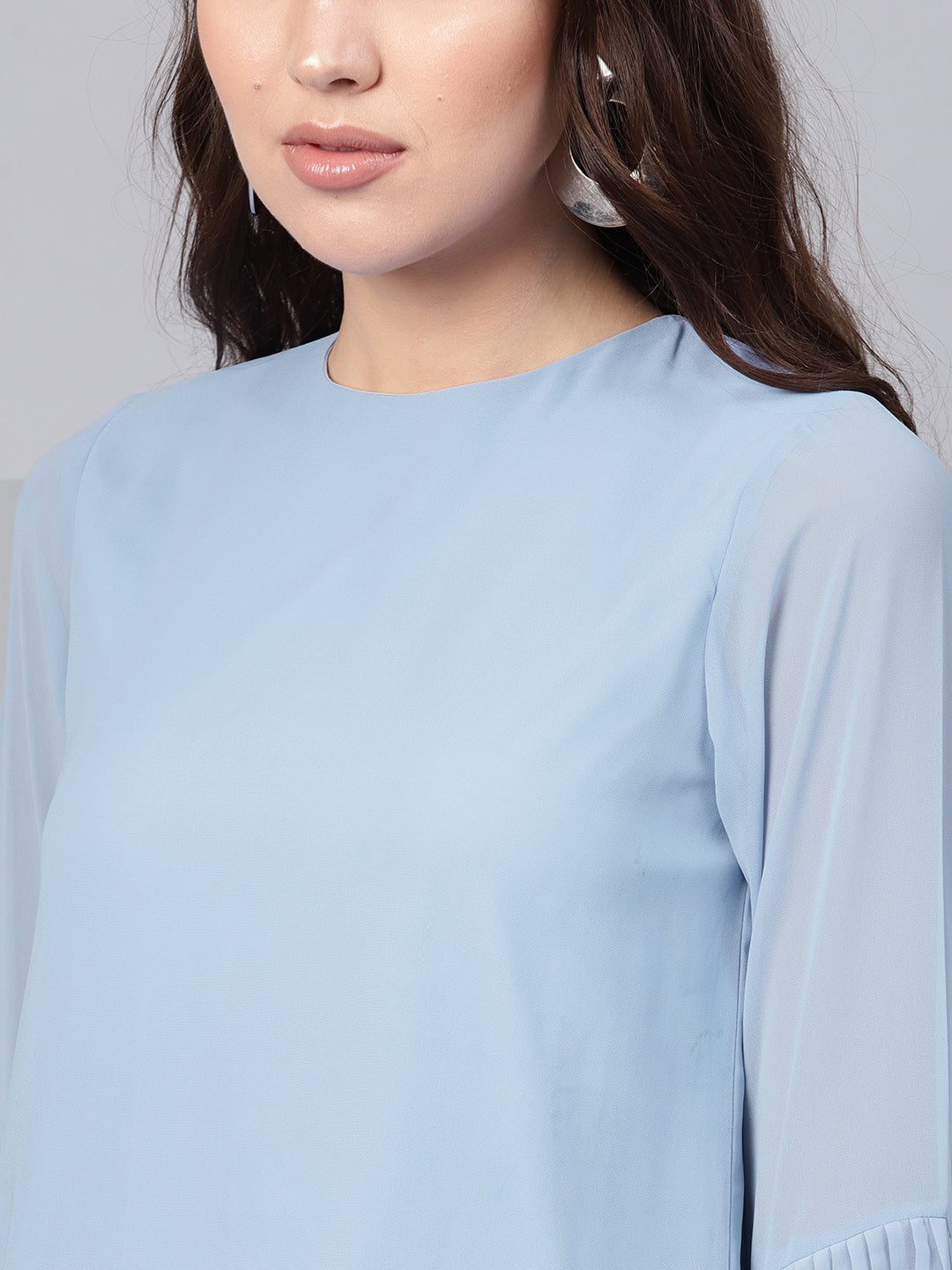 Blue Pleated Sleeve Frill Hem Top