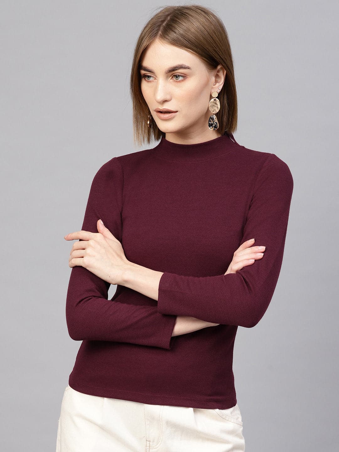 Women Burgundy High Neck Rib Top