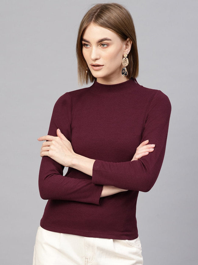 Women Burgundy High Neck Rib Top