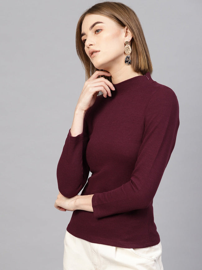 Women Burgundy High Neck Rib Top