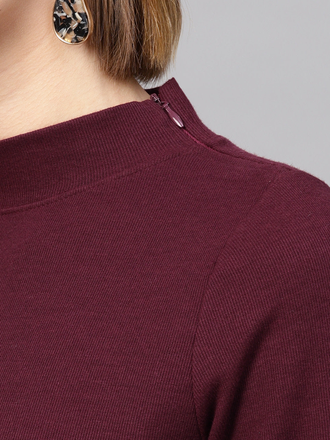 Women Burgundy High Neck Rib Top