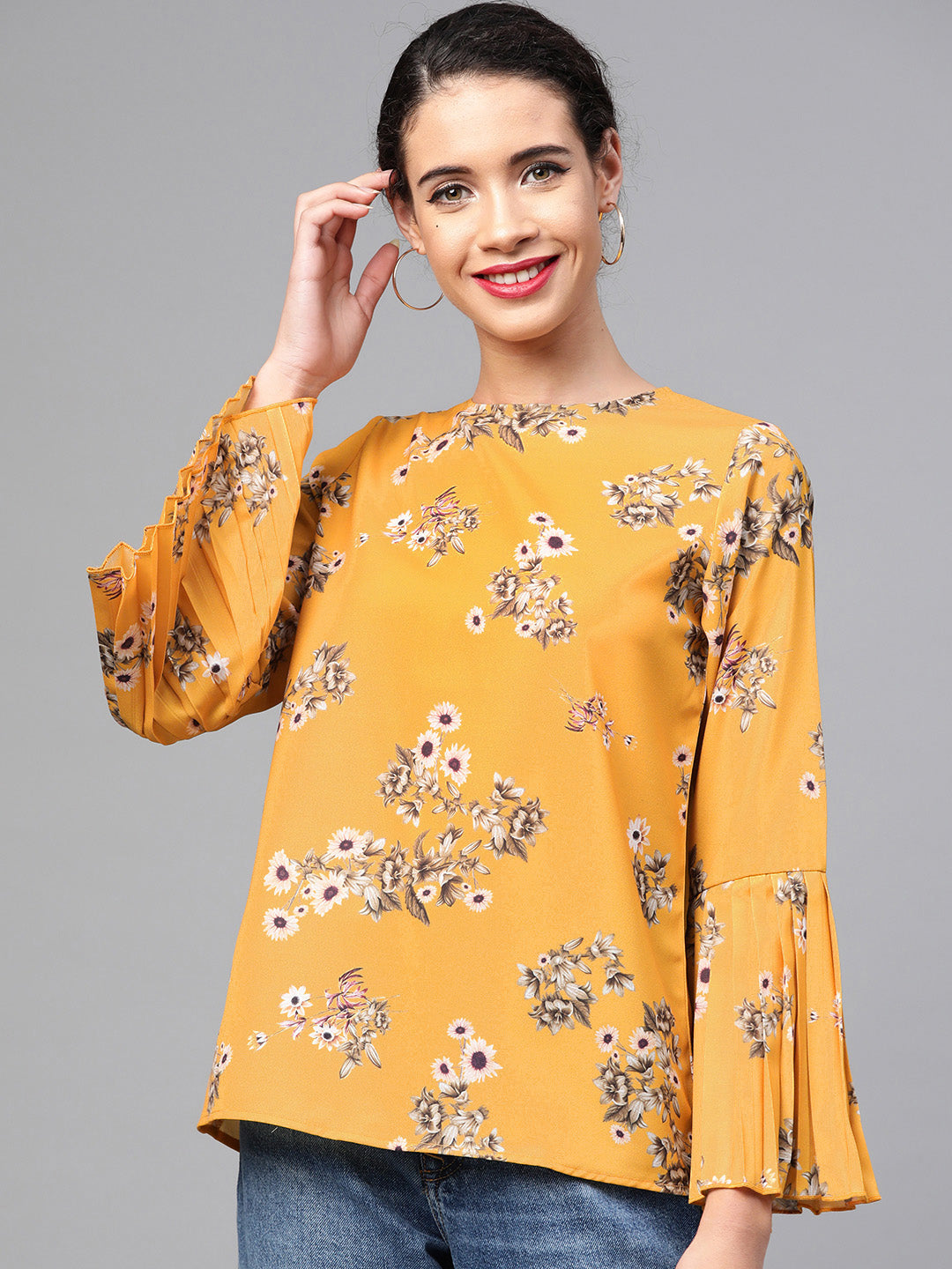 Women Mustard Floral Pleated Sleeve Hem