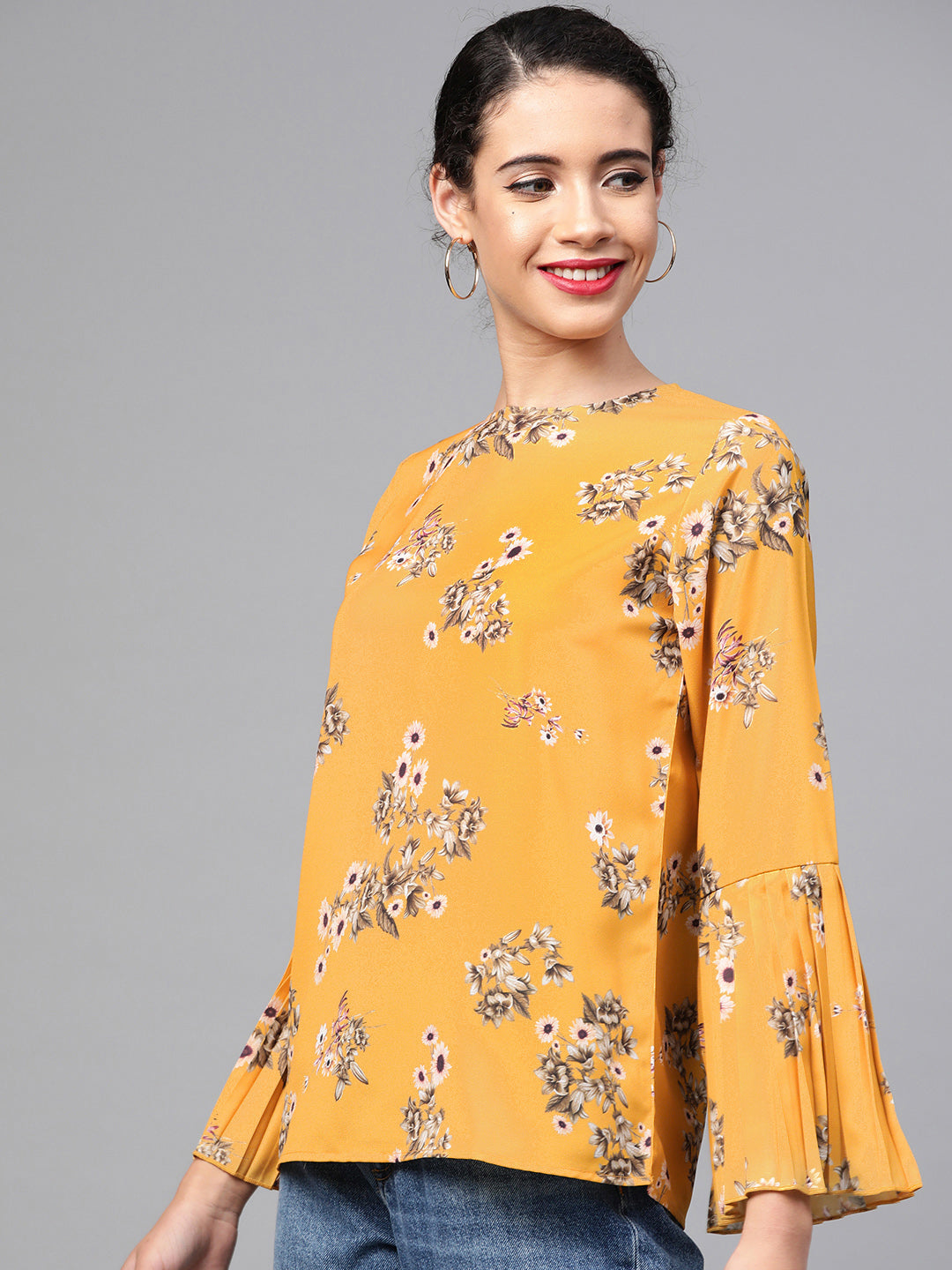 Women Mustard Floral Pleated Sleeve Hem