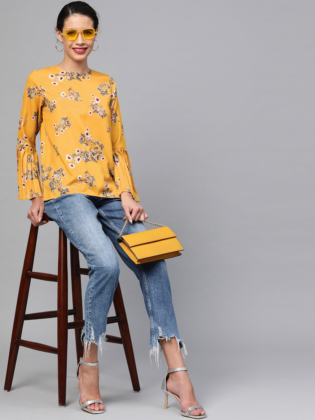 Women Mustard Floral Pleated Sleeve Hem
