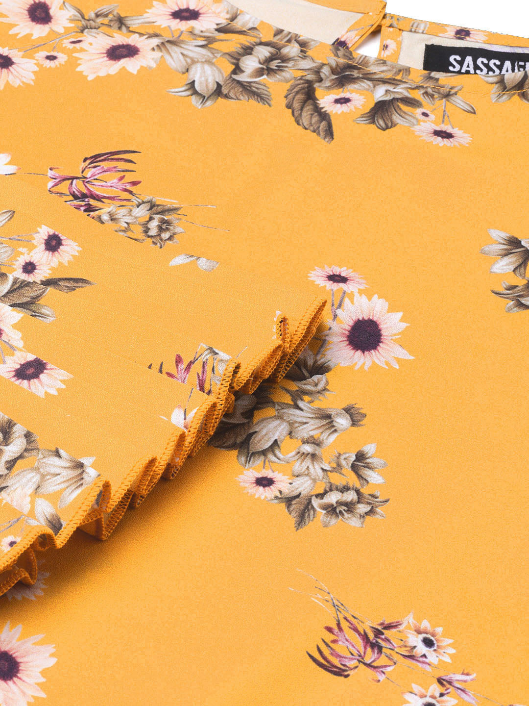 Women Mustard Floral Pleated Sleeve Hem