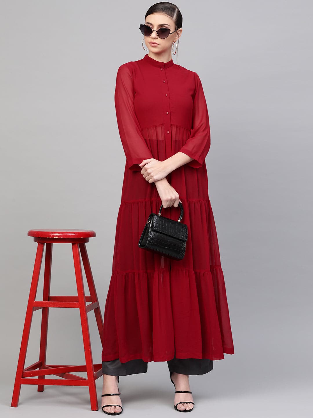 Women Red Front Open Sheer Tiered Maxi Top