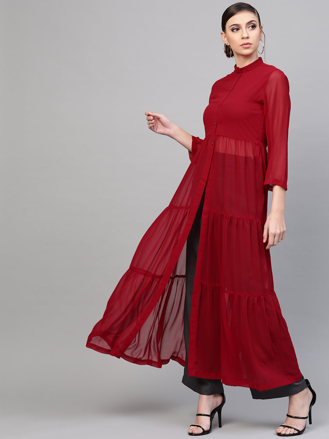 Women Red Front Open Sheer Tiered Maxi Top