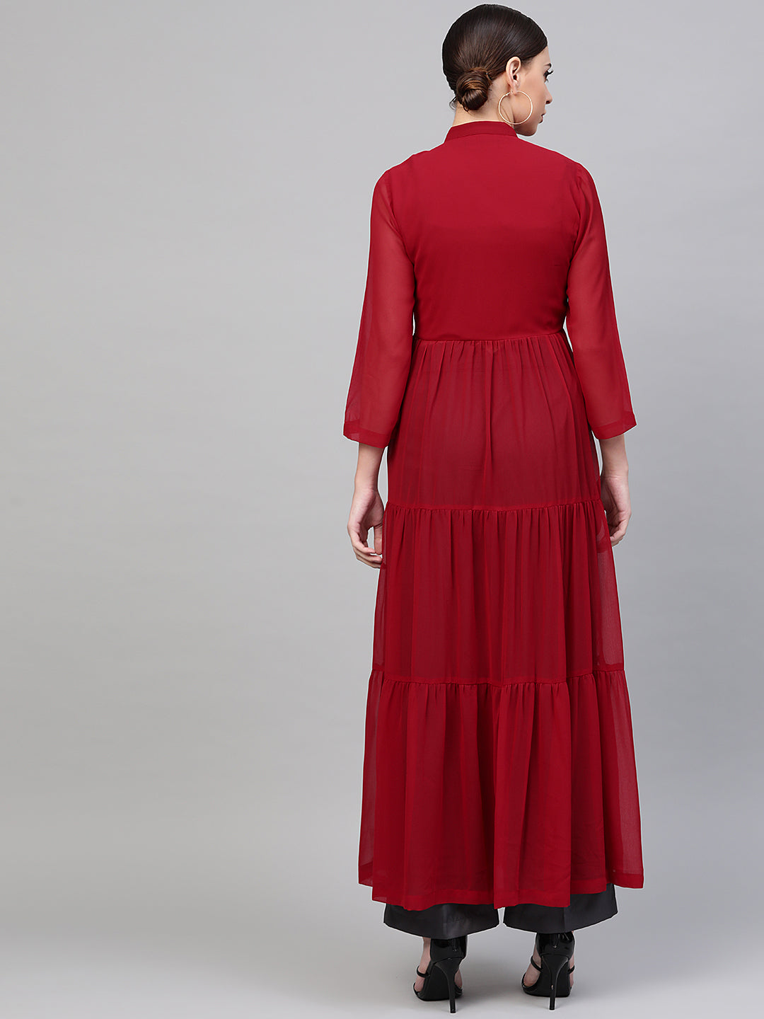 Women Red Front Open Sheer Tiered Maxi Top