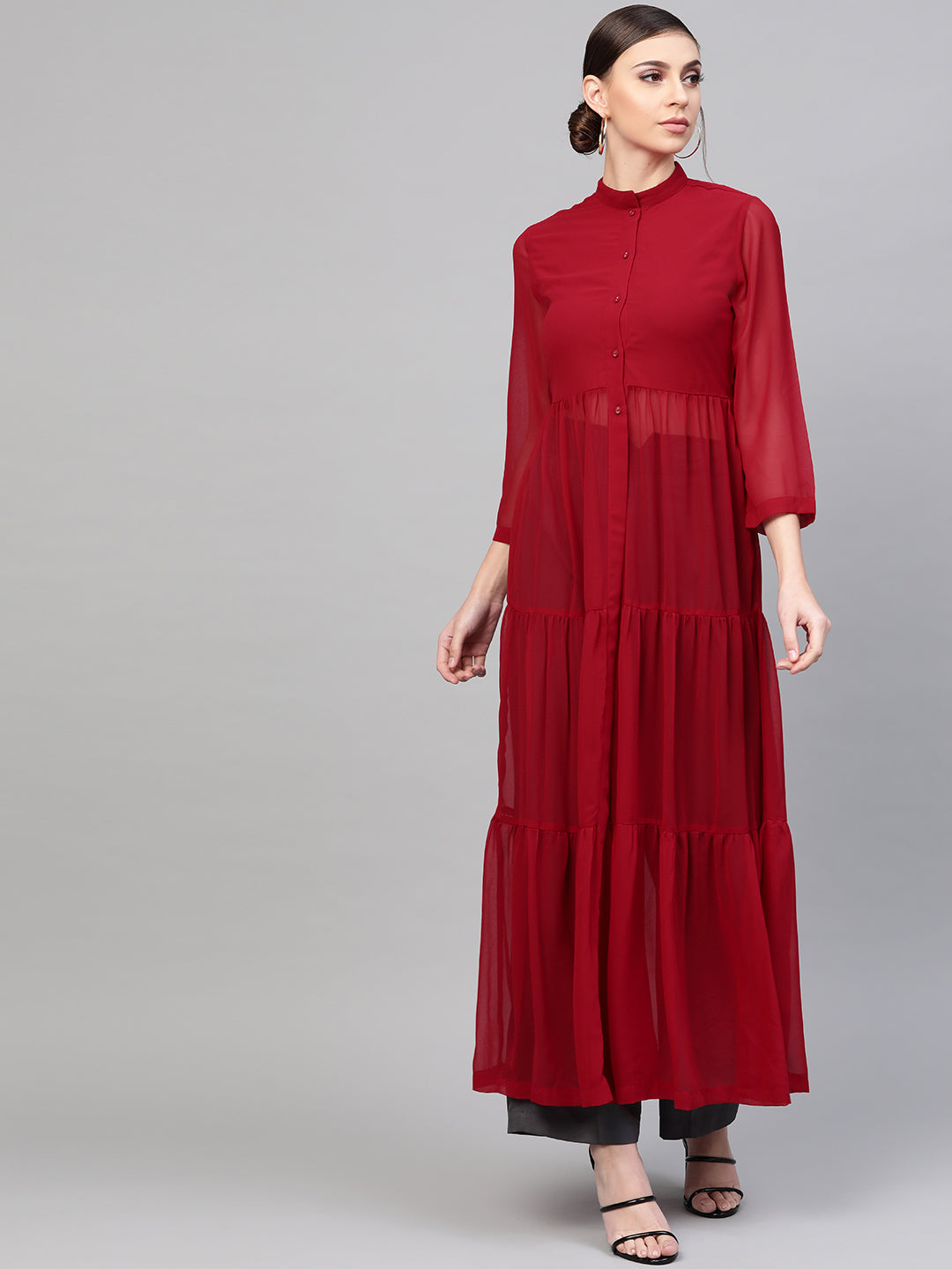 Women Red Front Open Sheer Tiered Maxi Top