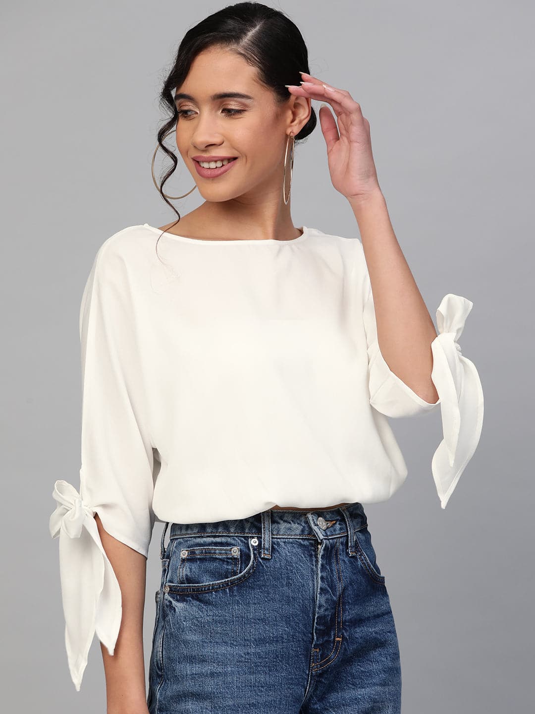 Women Off-White Sleeve Tie-Up Crop Top