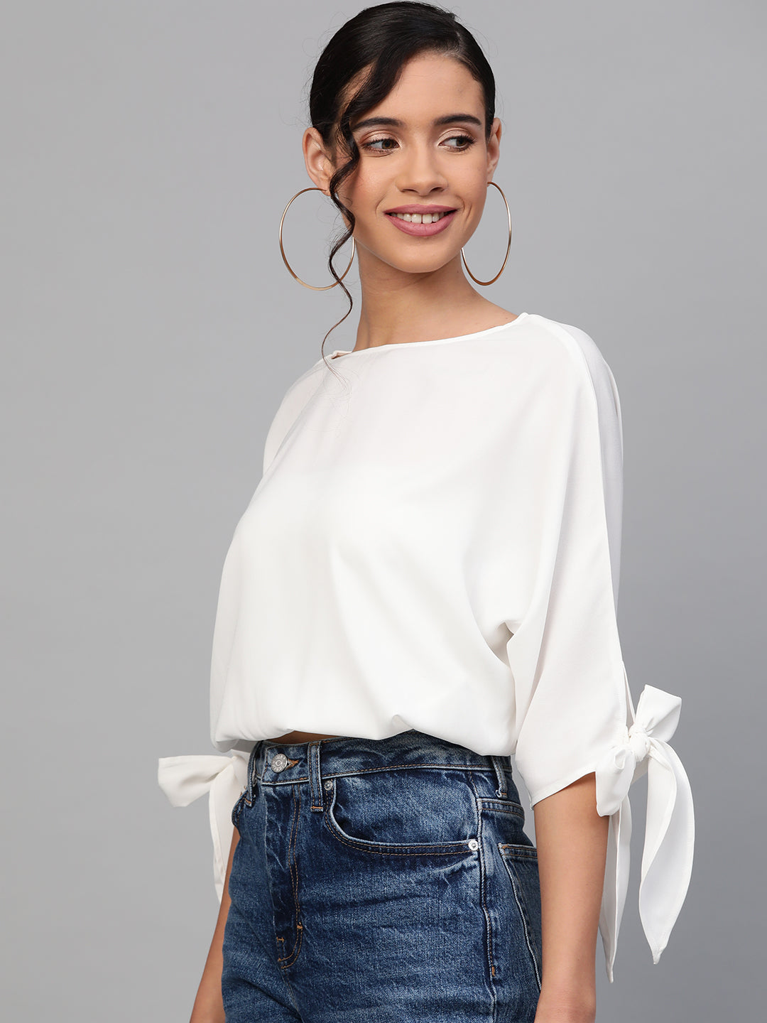 Women Off-White Sleeve Tie-Up Crop Top
