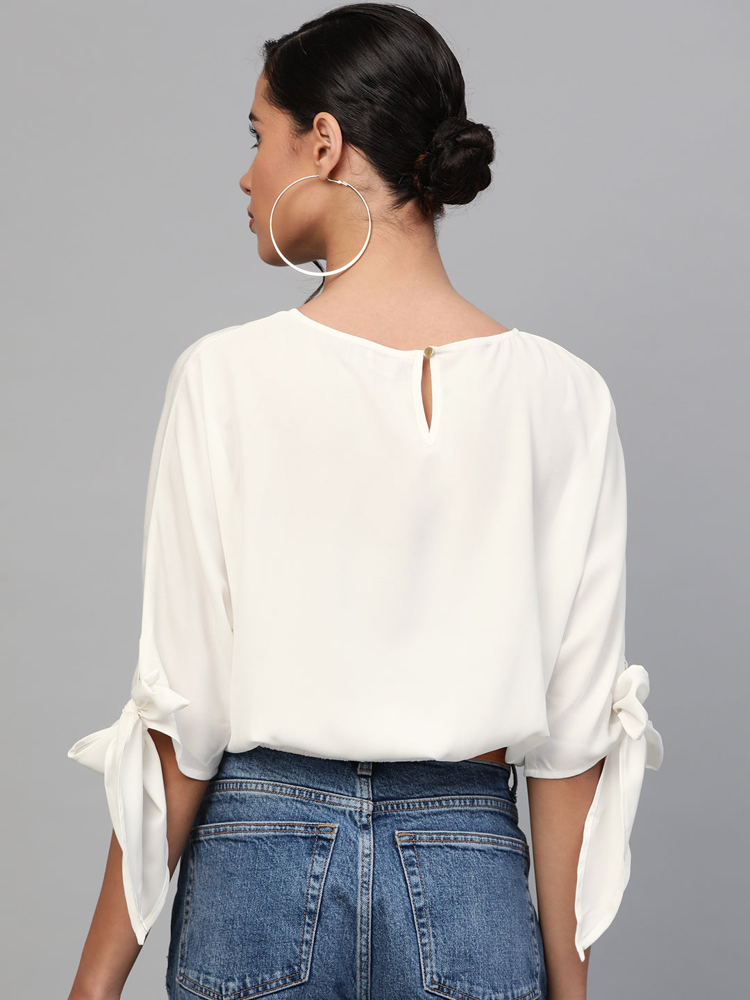 Women Off-White Sleeve Tie-Up Crop Top