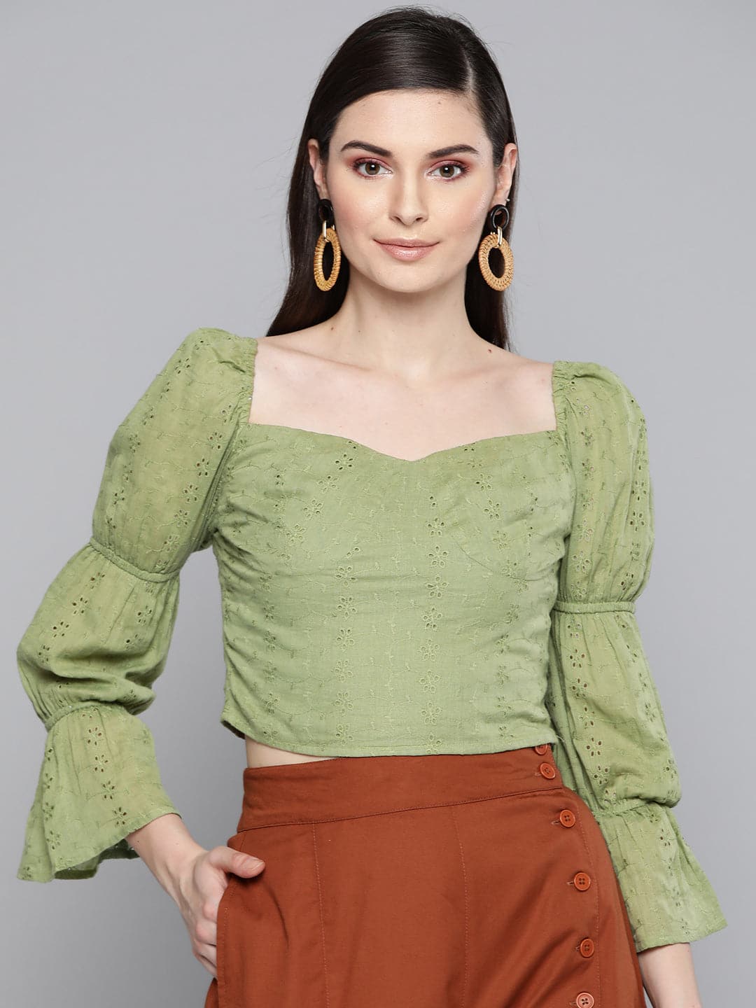 Women Olive Schiffli Bishop Sleeve Crop Top