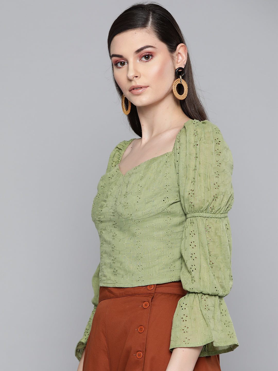 Women Olive Schiffli Bishop Sleeve Crop Top