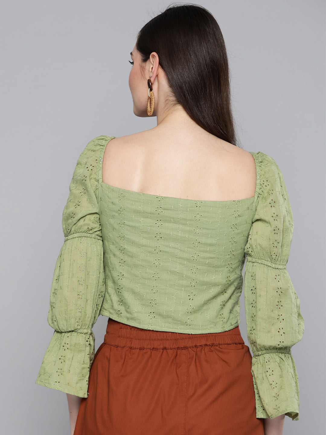 Women Olive Schiffli Bishop Sleeve Crop Top