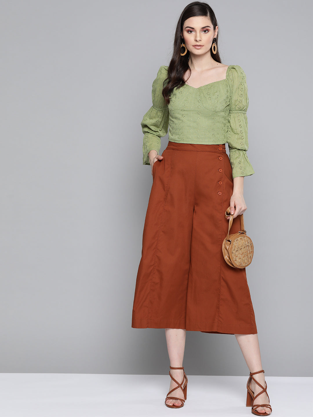 Women Olive Schiffli Bishop Sleeve Crop Top