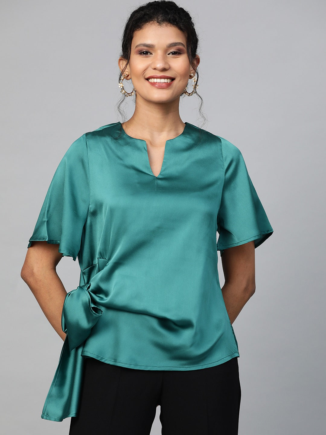 Women Emerald Green Side Tie Satin