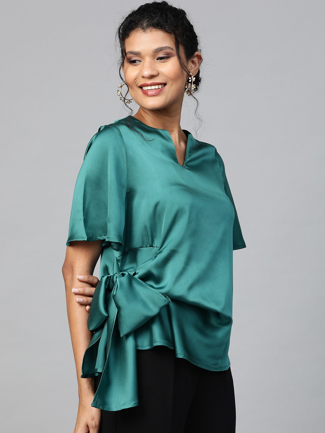 Women Emerald Green Side Tie Satin
