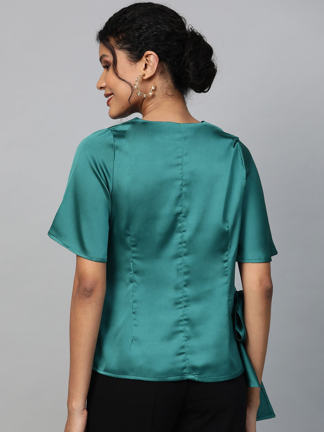 Women Emerald Green Side Tie Satin
