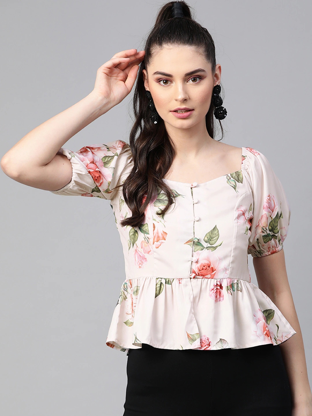 Nude Floral Front Button Peplum Top