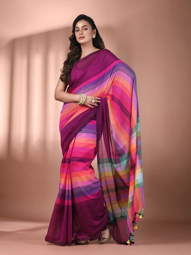 Women Cotton Rainbow Checks Saree