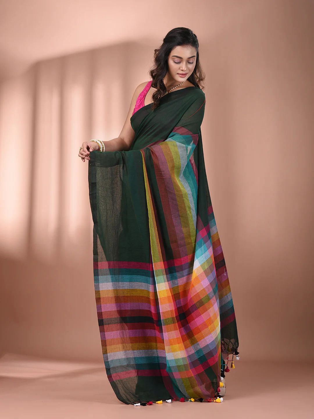Women Cotton Rainbow Checks Saree