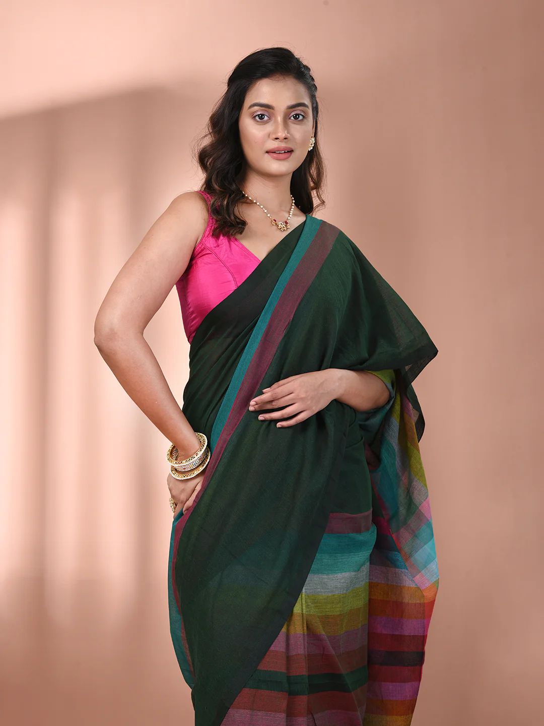 Women Cotton Rainbow Checks Saree