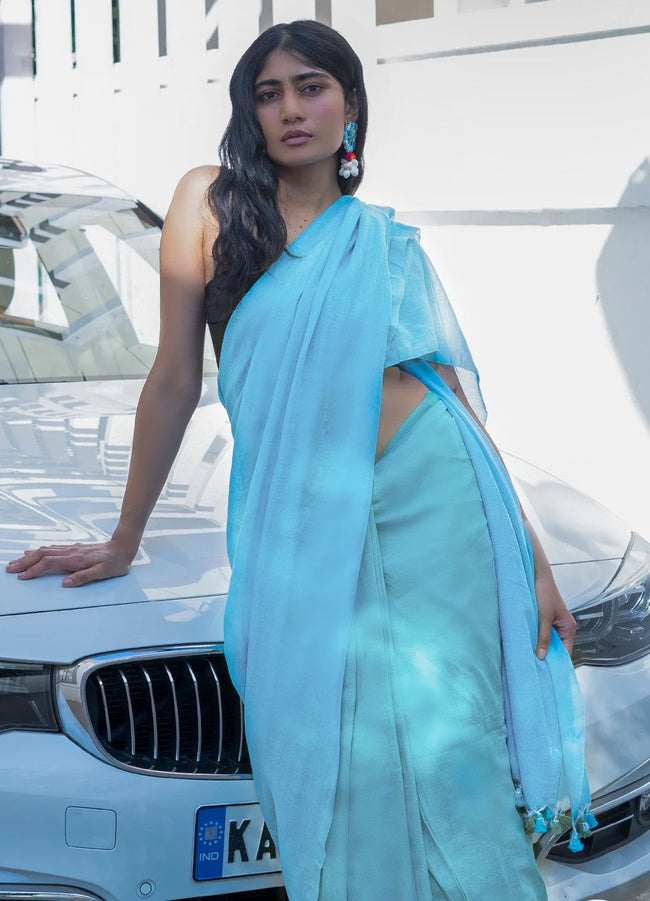 Women Sky Blue Solid Cotton Saree