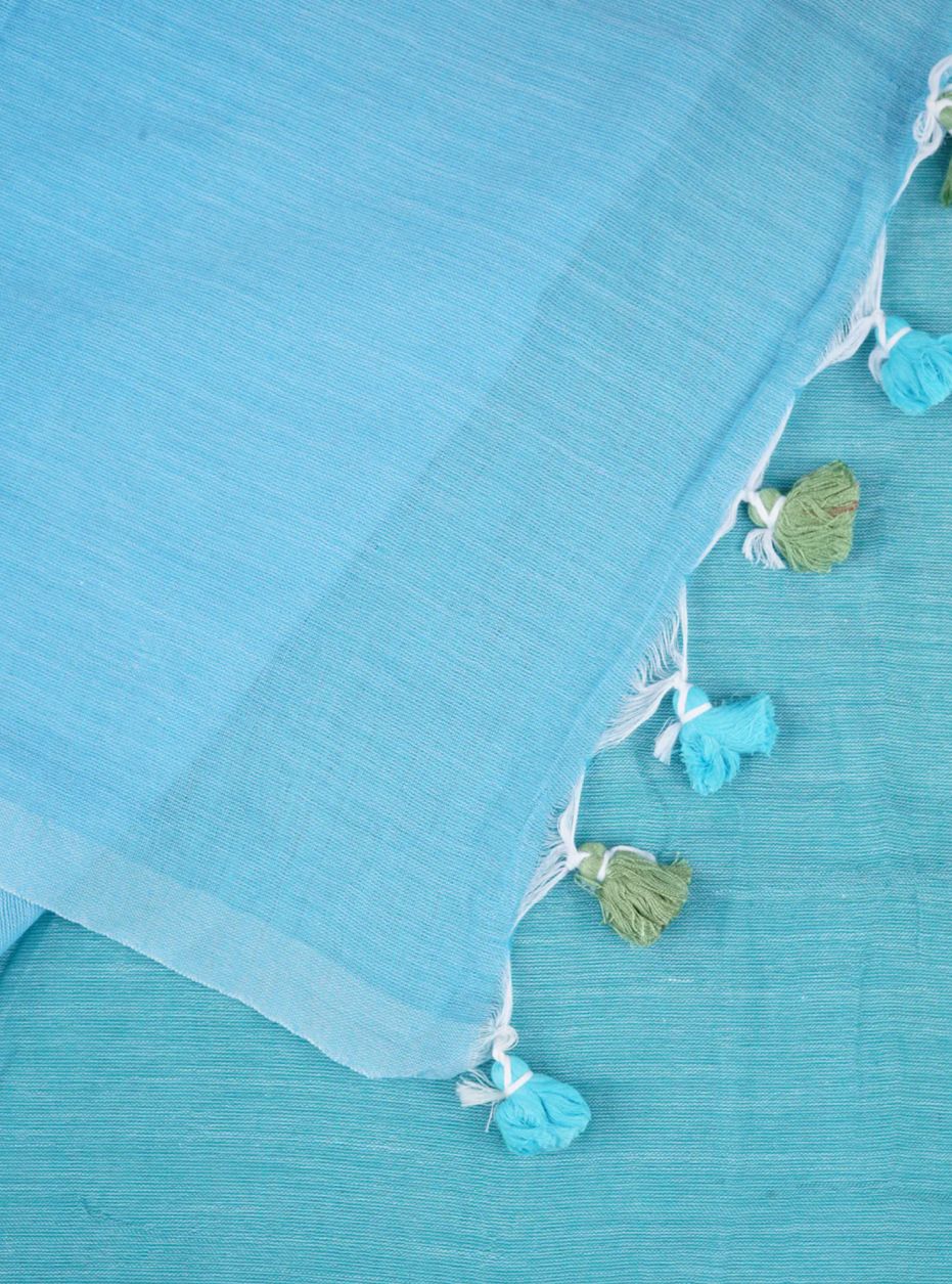 Women Sky Blue Solid Cotton Saree