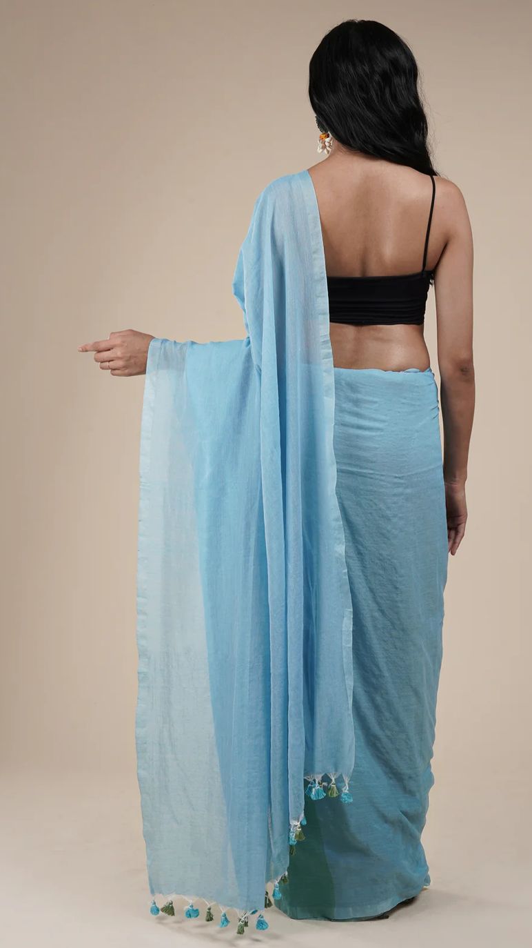 Women Sky Blue Solid Cotton Saree