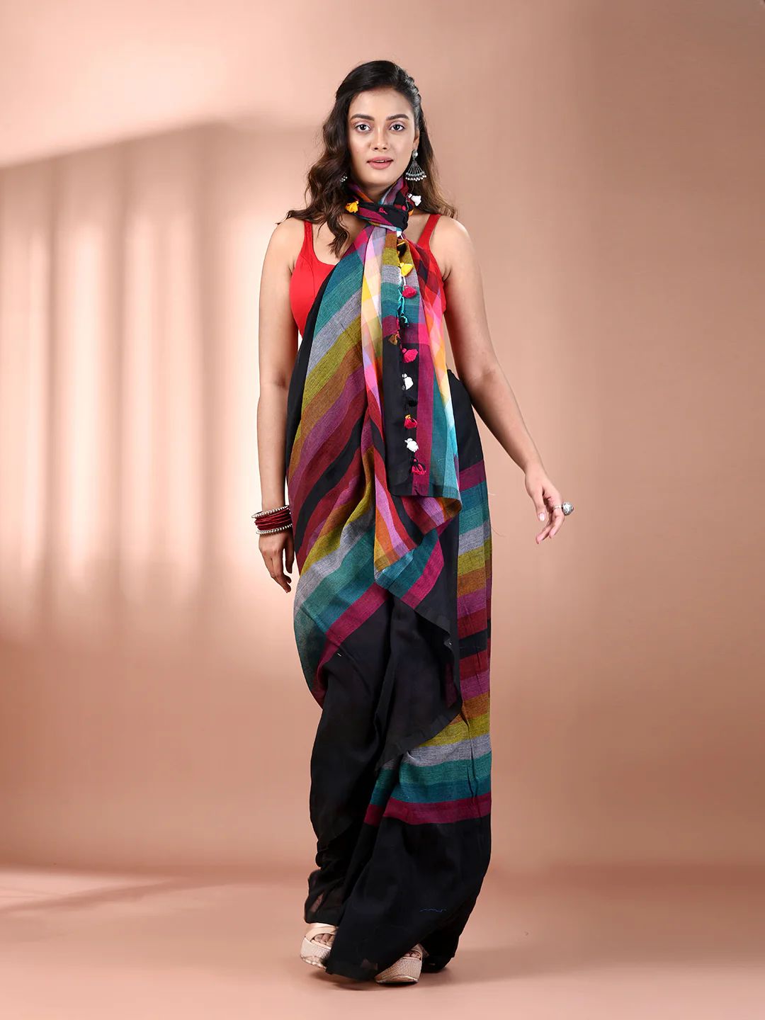 Women Cotton Rainbow Checks Saree