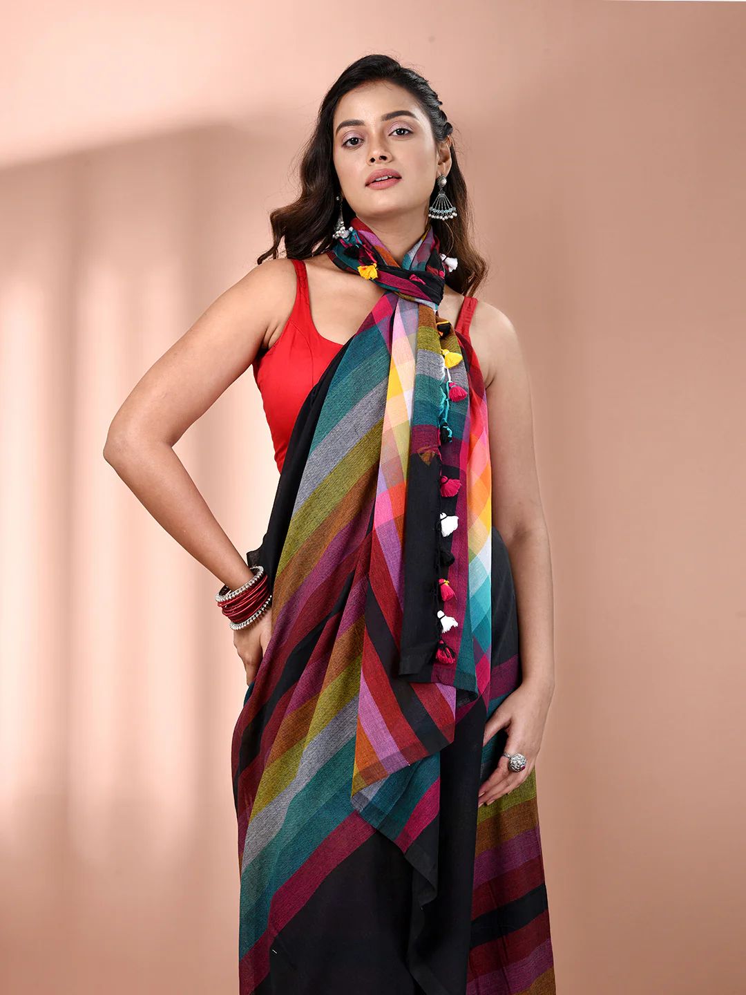 Women Cotton Rainbow Checks Saree