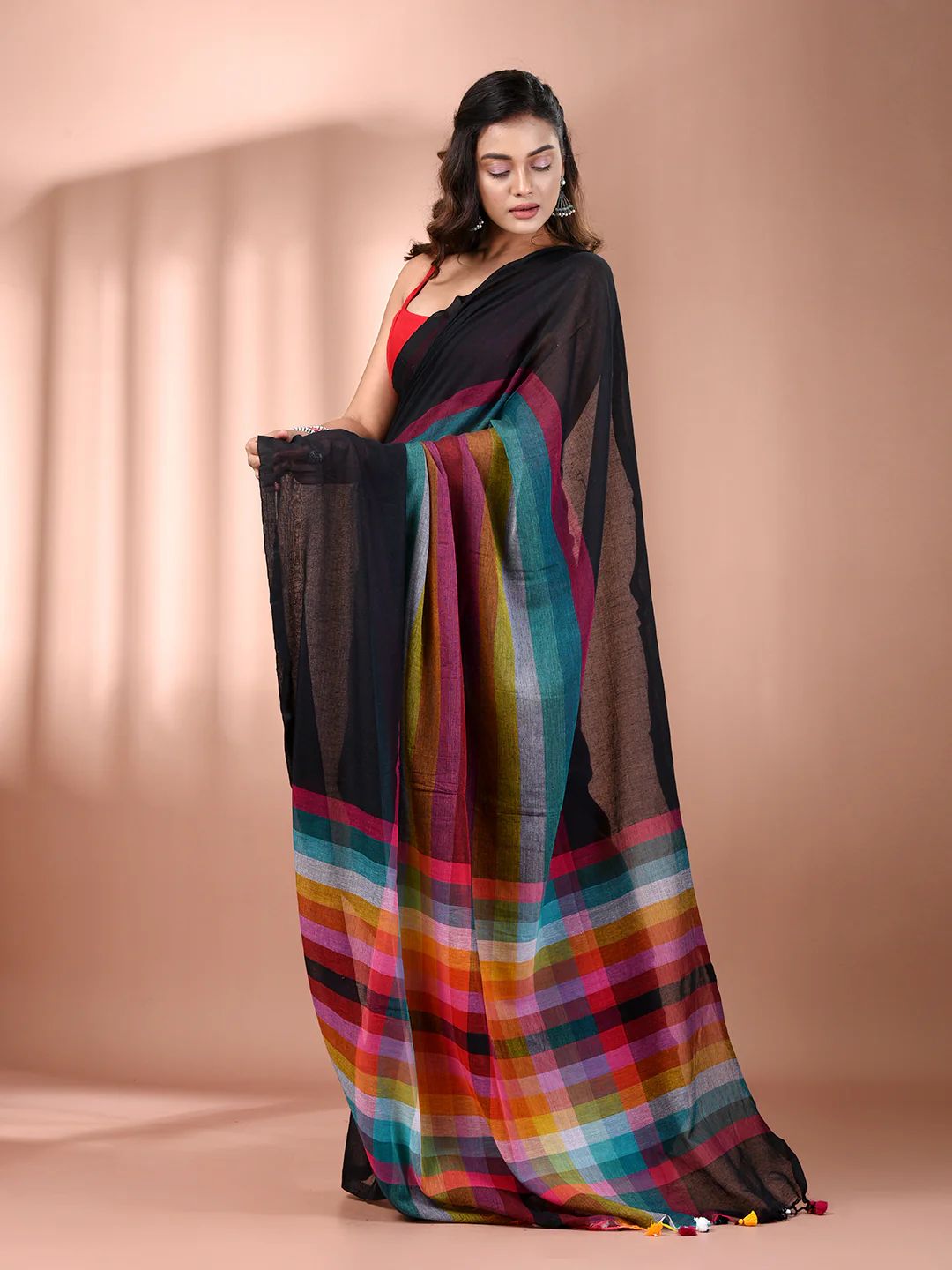Women Cotton Rainbow Checks Saree