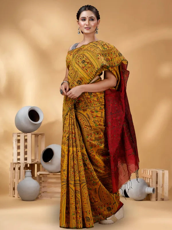Women Cotton Silk Madhubani Cotton Saree