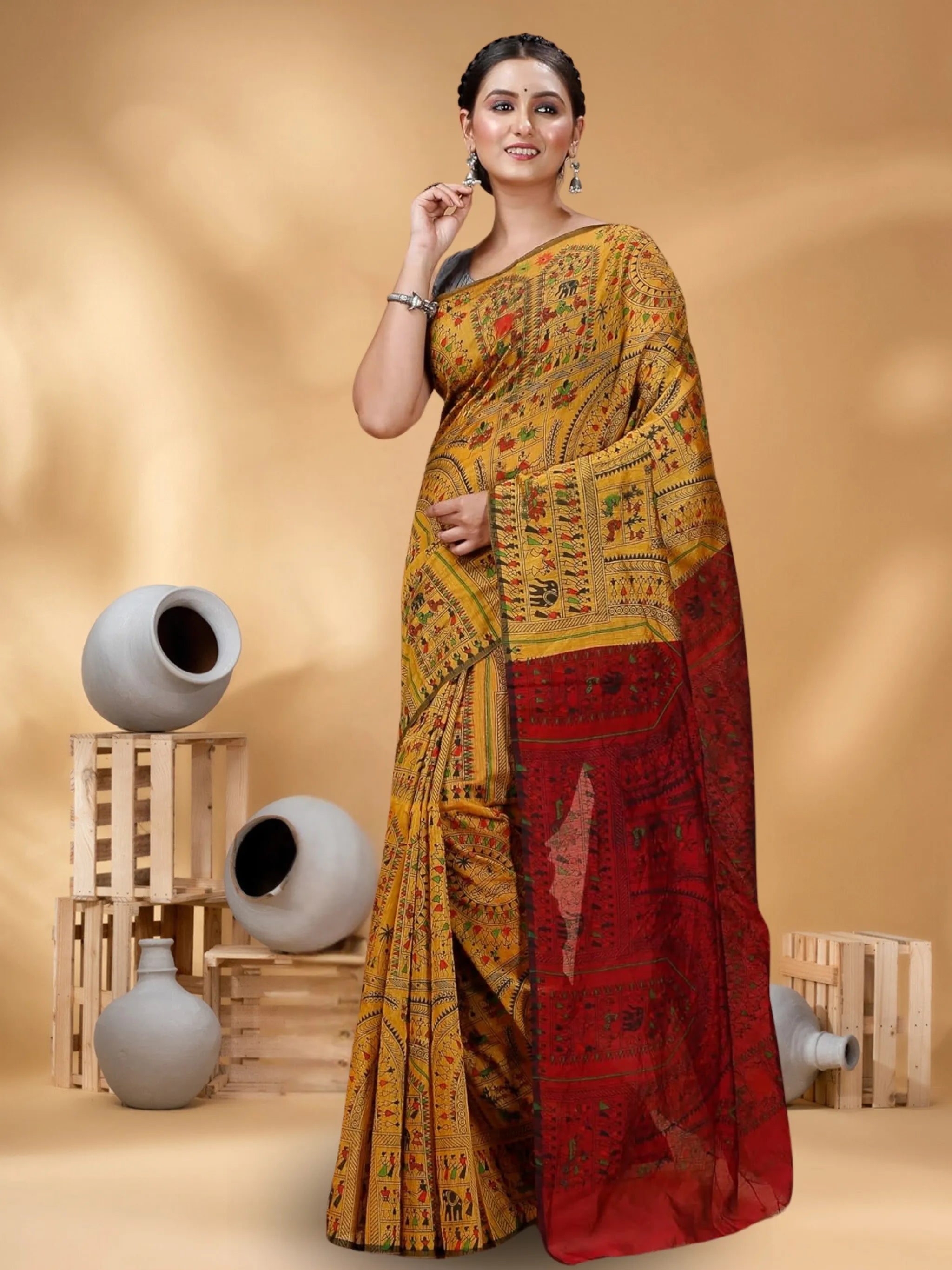 Women Cotton Silk Madhubani Cotton Saree