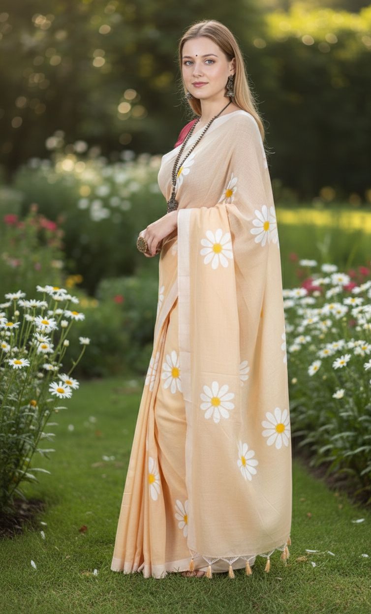 Women Cotto Hand Paint Floral Design Saree