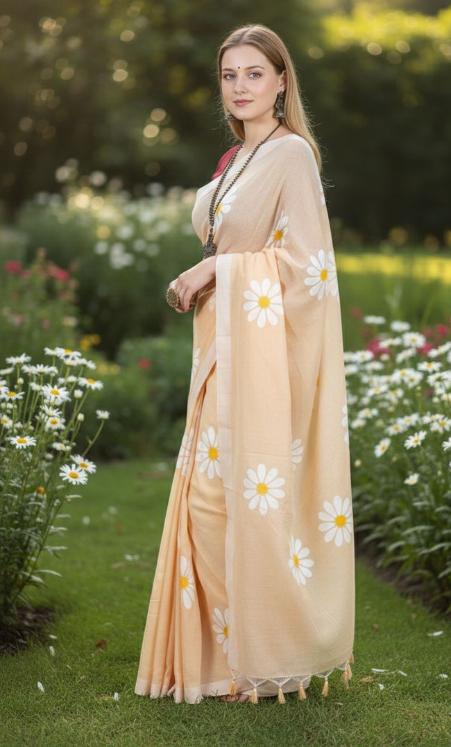 Women Cotto Hand Paint Floral Design Saree