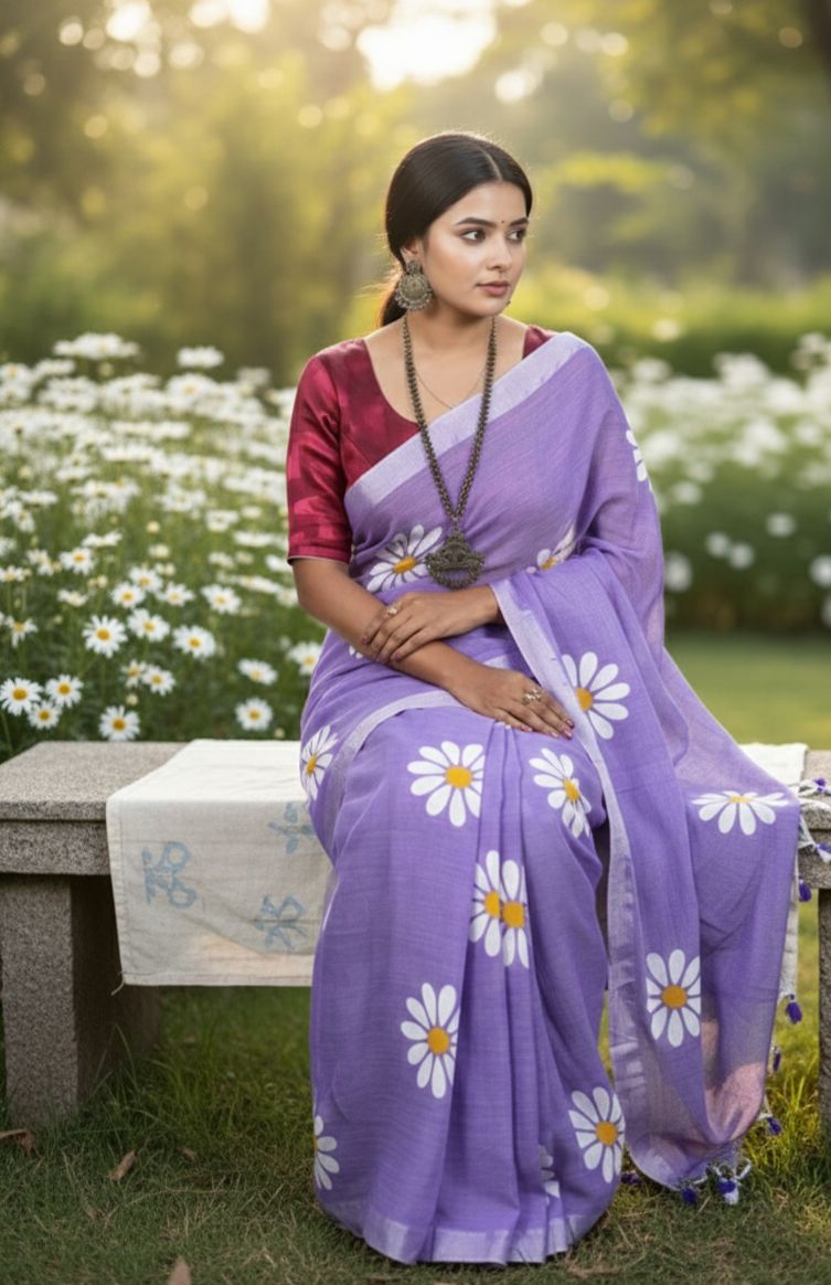 Women Cotto Hand Paint Floral Design Saree