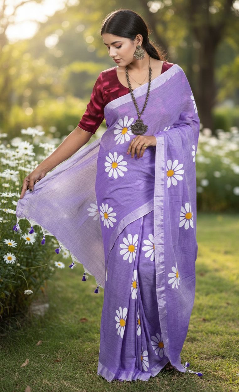 Women Cotto Hand Paint Floral Design Saree