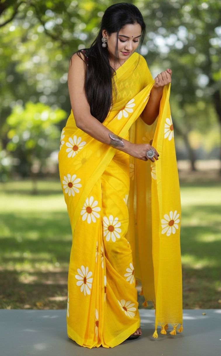 Women Cotto Hand Paint Floral Design Saree