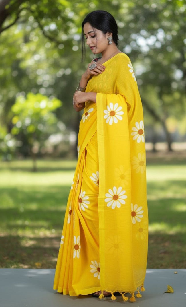 Women Cotto Hand Paint Floral Design Saree